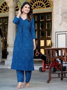Navy Blue Cotton Kurti Set
