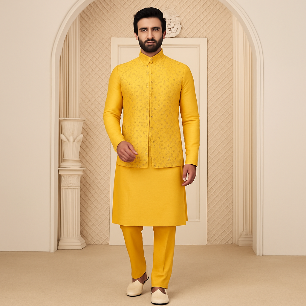 Mustard Yellow Designer Kurtha with Embellished Jacket