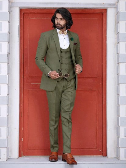 Olive Green Textured Three-Piece Suit