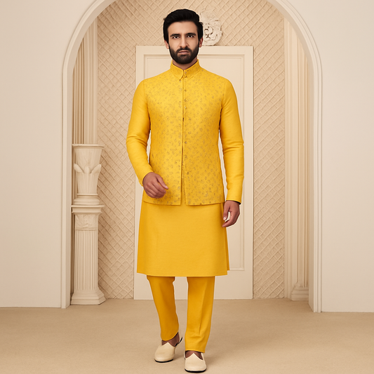 Mustard Yellow Designer Kurtha with Embellished Jacket