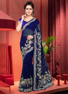 Royal Blue Velvet Embellished Saree