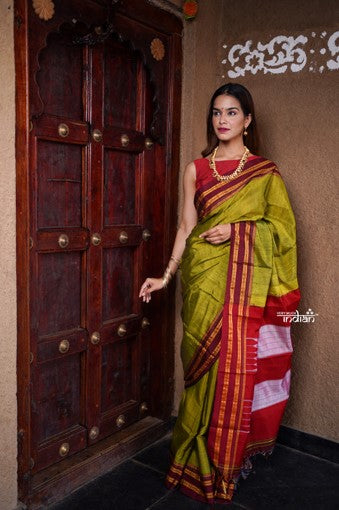 Olive Green & Red Traditional Handloom Saree