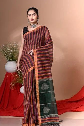 Brown & Mustard Striped Handloom Saree