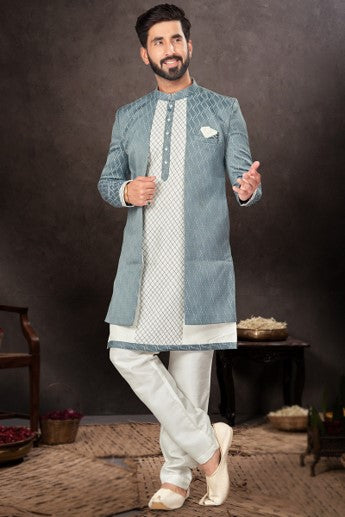Grey Textured Kurtha with Jacket Set