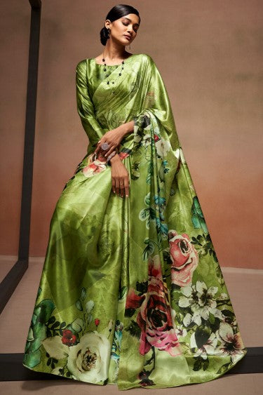 Meadow Green Floral Silk Saree