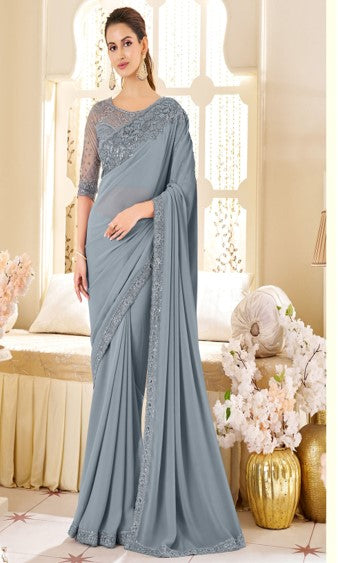 Slate Elegance Satin Silk Saree