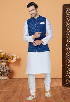 Royal Blue Printed Jacket Kurtha Set