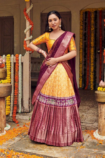 Mustard & Wine Silk Blend Half Saree