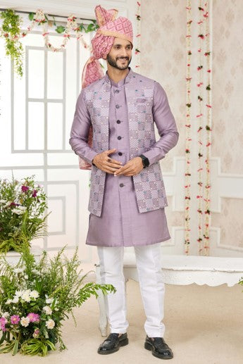 Lavender Embroidered Kurtha with Jacket Set