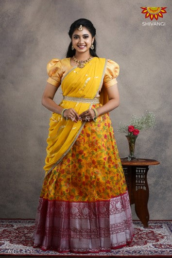 Golden Yellow Floral Half Saree