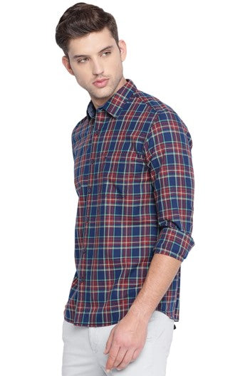 Blue & Maroon Checked Slim Fit Shirt