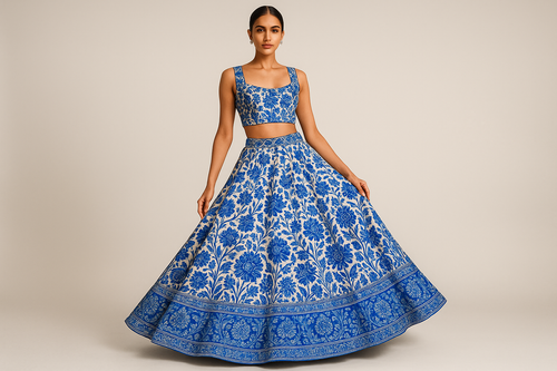 model wear full size image for Designer Blue Floral  Crop Top and lehenga set 